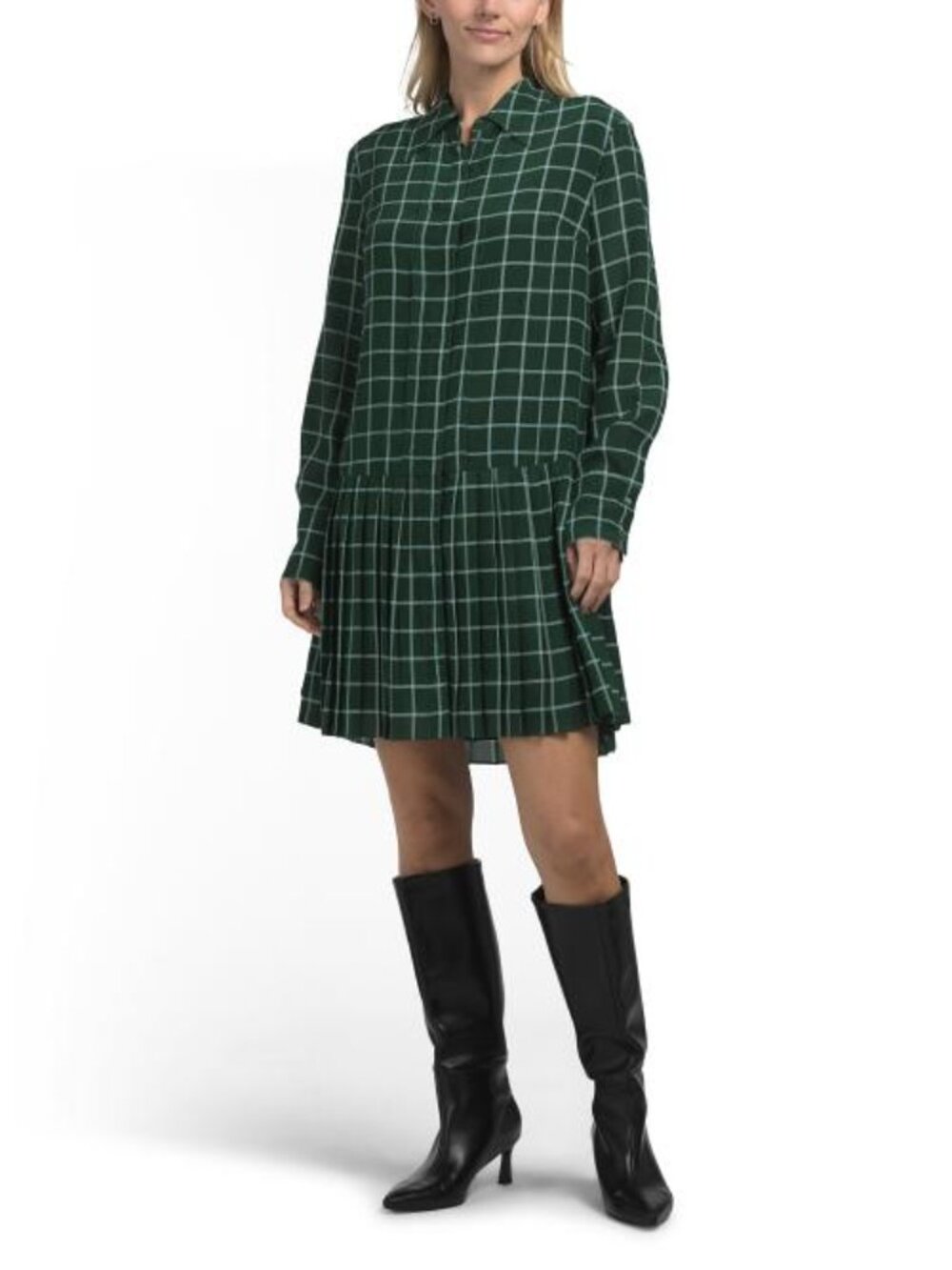 REBECCA TAYLOR Silk Windowpane Pleated Mini Shirt Dress